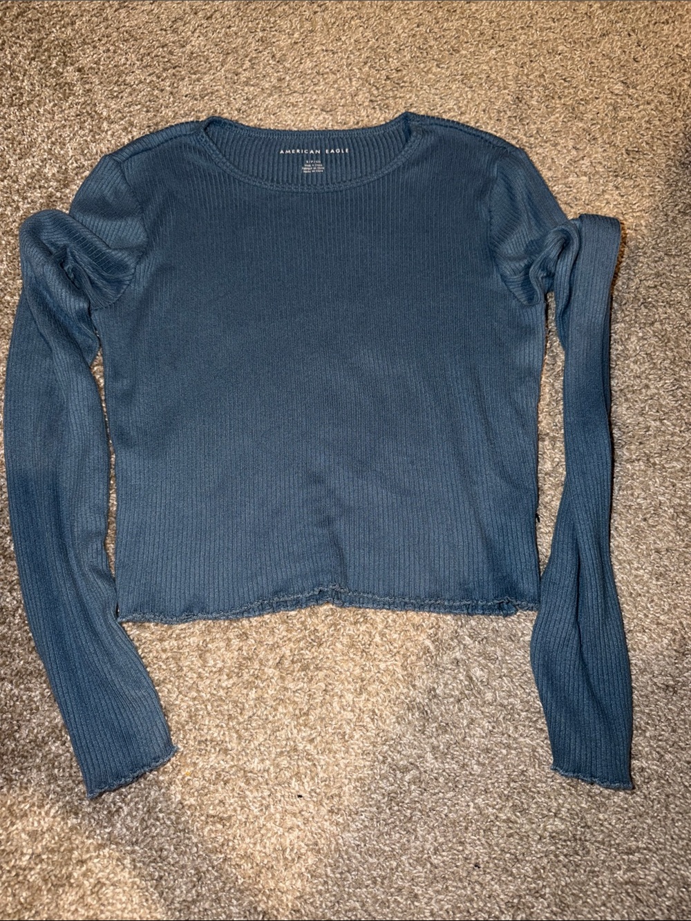 American Eagle Outfitters Ribbed Long Sleeve Crop Top - Teal Blue